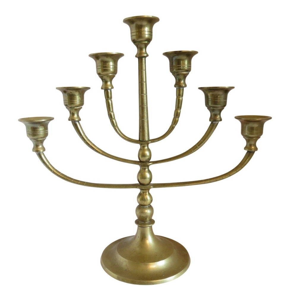 Vintage Solid Brass 7 Branch Menorah Candelabra Traditional Judaica‎ 11.5 Inch